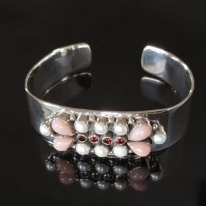 Nicky Butler 925 Sterling Silver Pink Opal Garnet Pearl Designer Cuff Bracelet